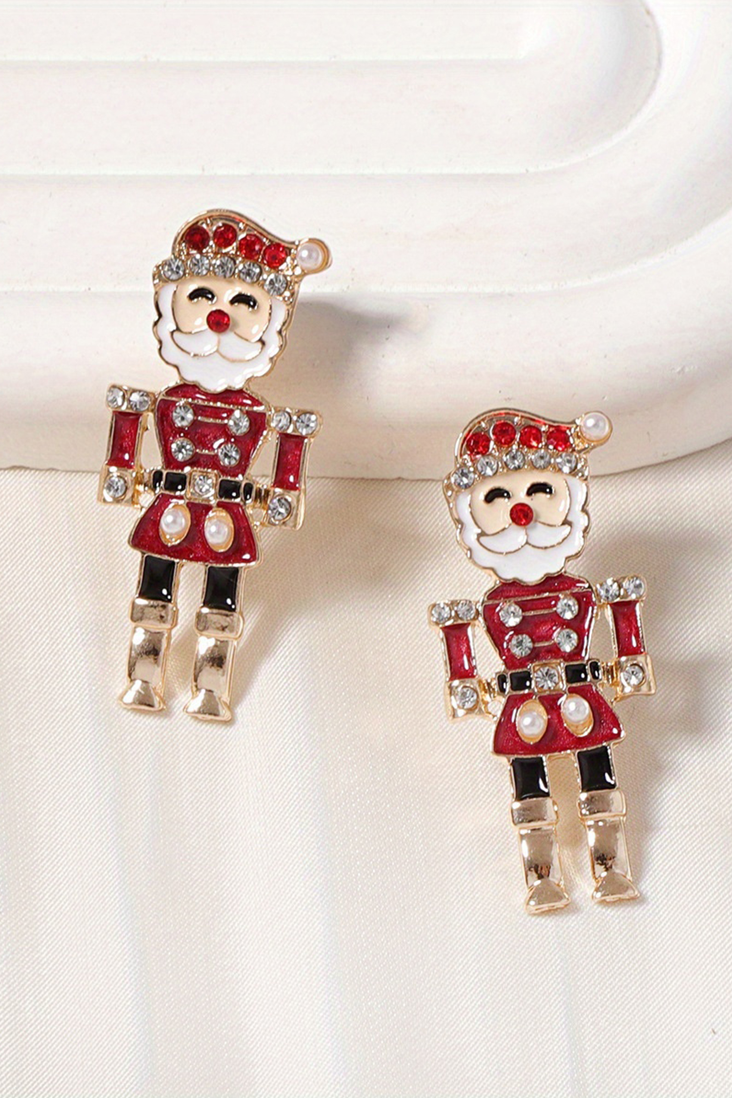 Fiery Red Pearl Rhinestone Embellished Christmas Enamel Nutcracker Earrings
