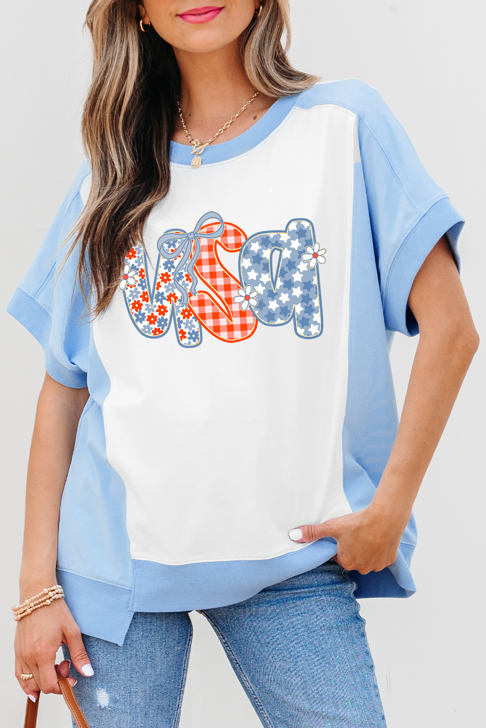 Sky Blue Star Plaid Flower USA Graphic Color Block Crewneck T Shirt