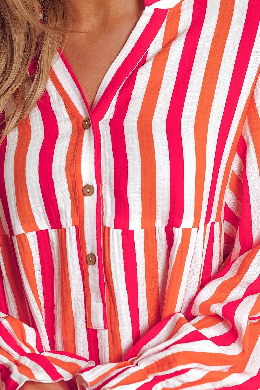 Orange Stripe Balloon Sleeve Notched V Neck Buttoned Front Blouse