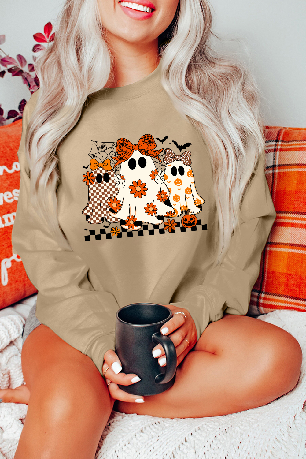 Khaki Cute Halloween Ghost Printed Drop Shoulder Baggy Sweatshirt