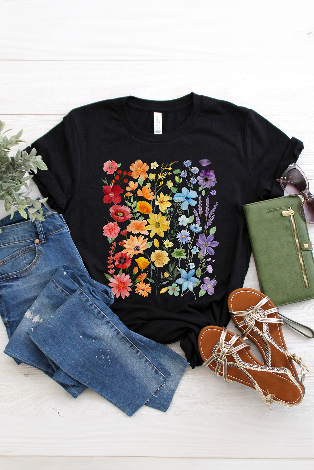 Black Beautiful Flower Print Cotton Blend Casual Tee