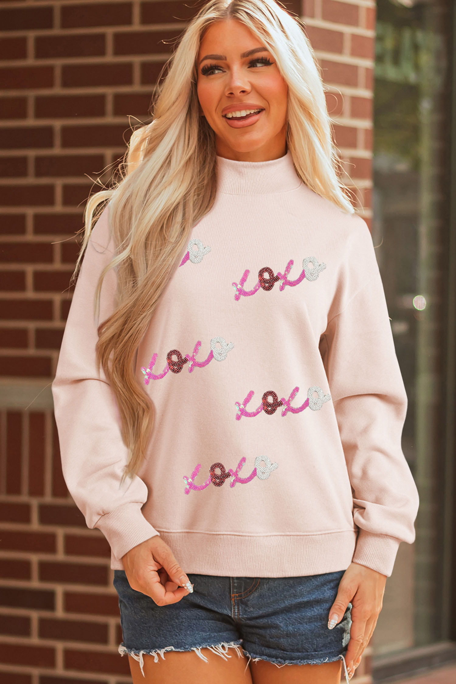 Apricot Pink Sequin xoxo Patched Mock Neck Oversize Sweatshirt