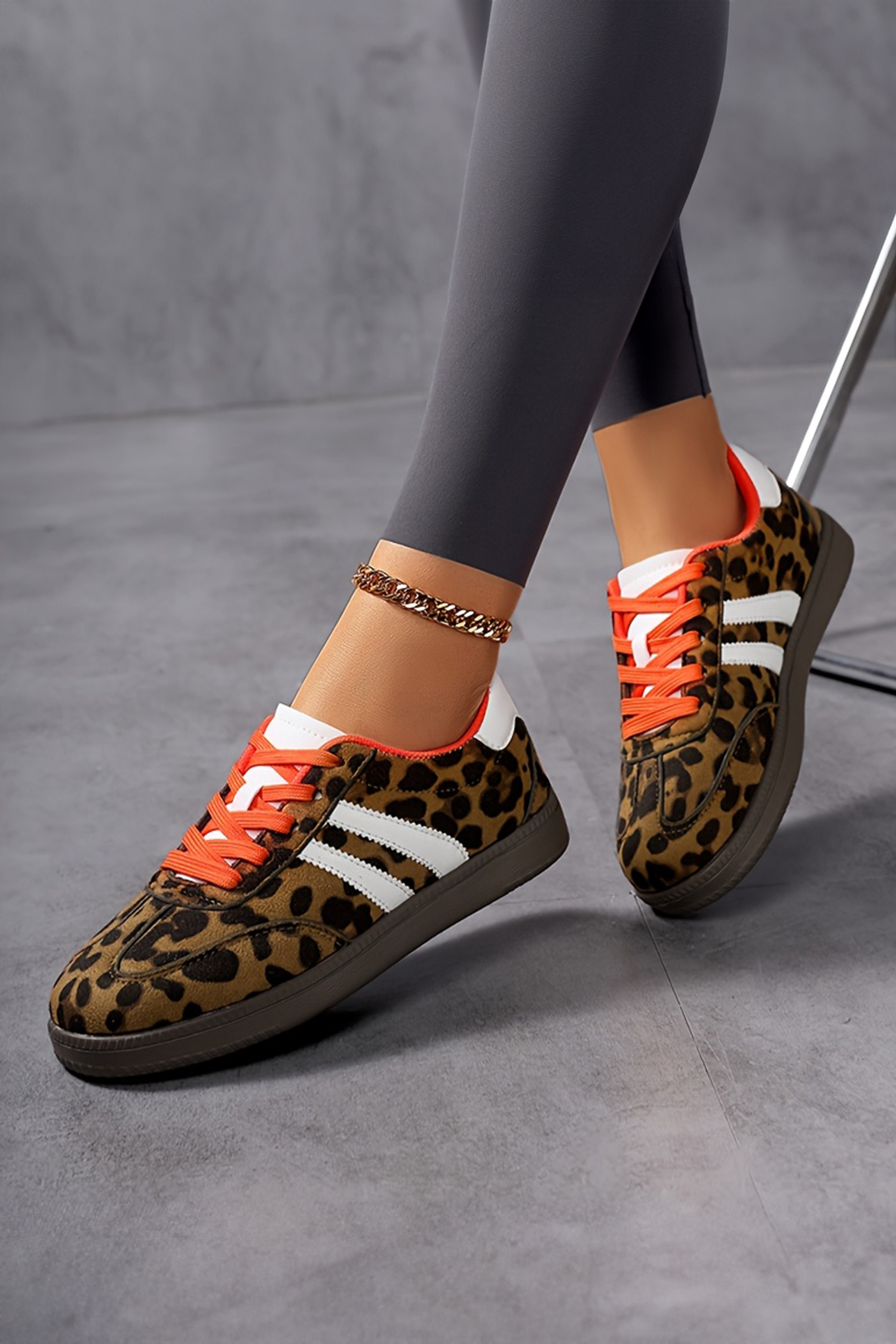 Coffee Leopard Faux Suede Color Block Detail Lace Up Sneakers