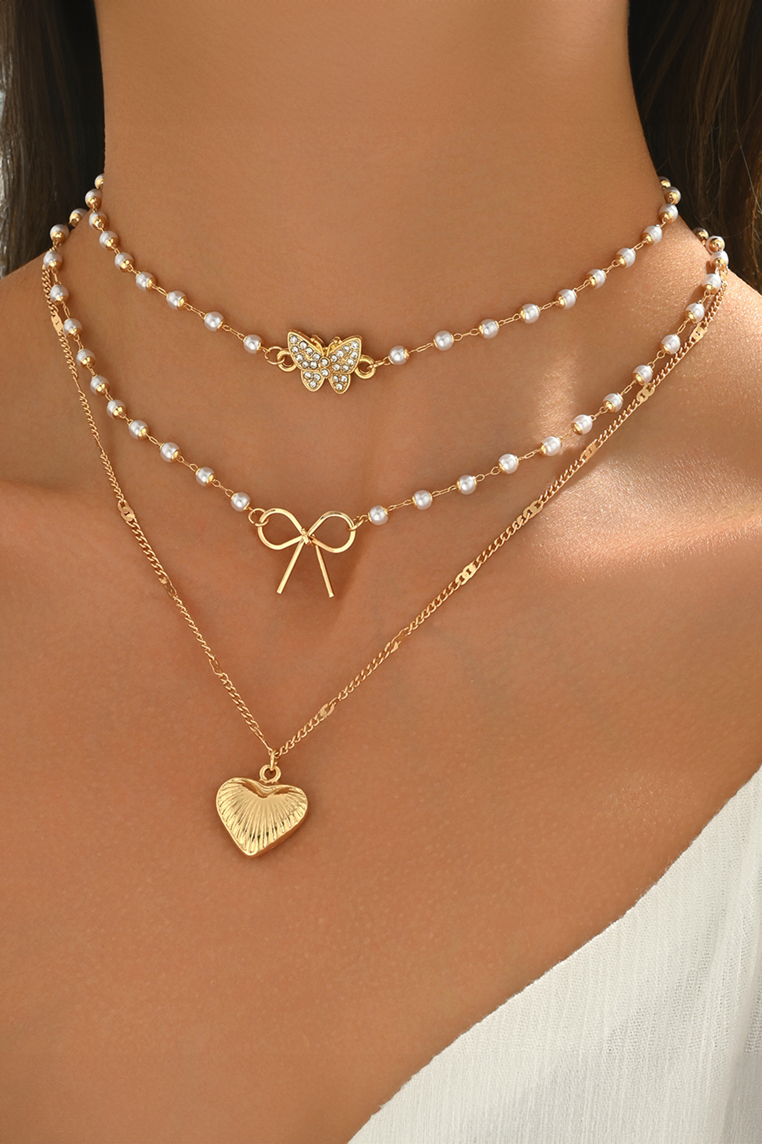 Gold Shell Heart Bow Butterfly Charm 3pcs Pearl Embellished Necklace Set