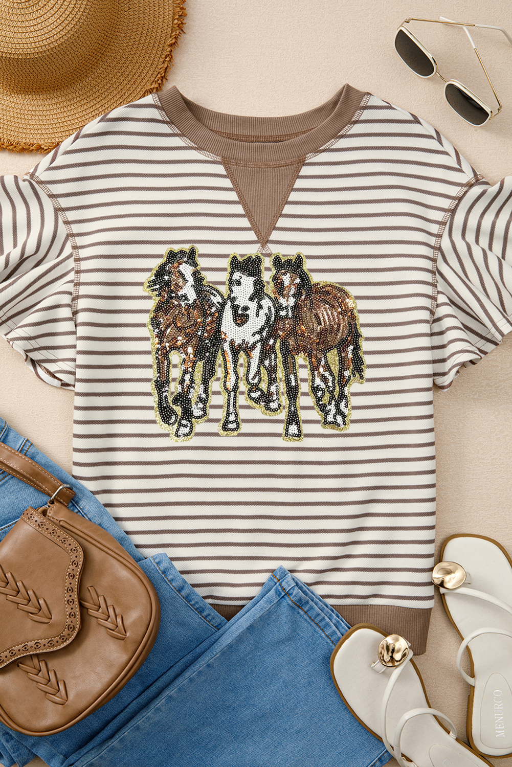 Parchment Sequin Horses Patched Striped Colorblock Ruffle Sleeve Top