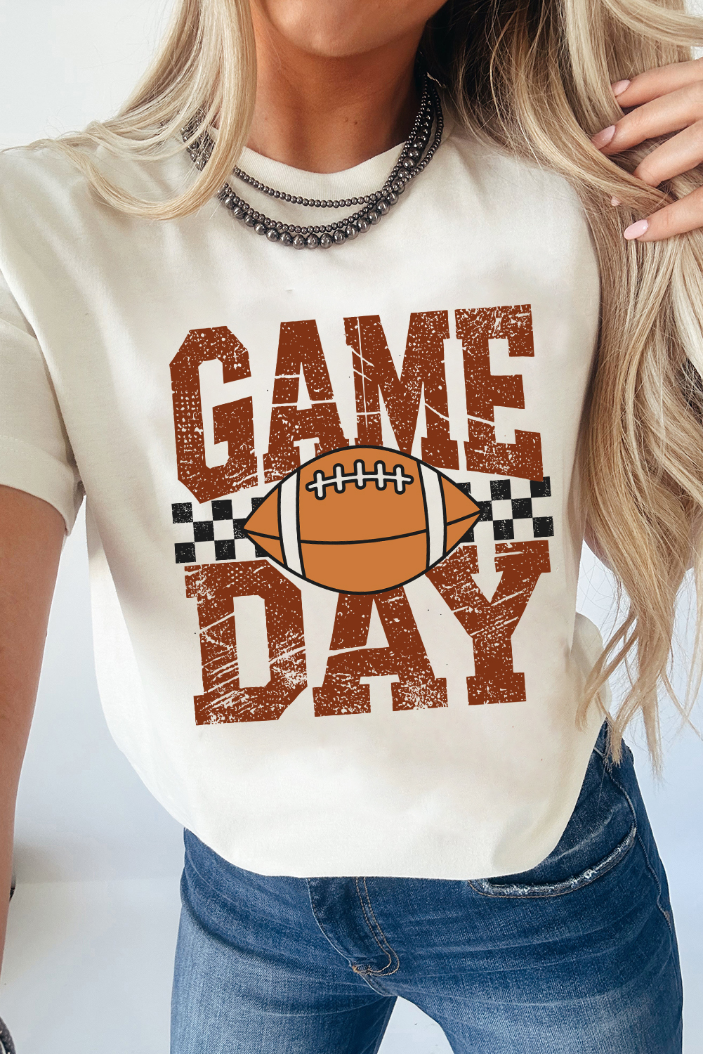 White GAME DAY Checkered Rugby Print Vintage Graphic Tee