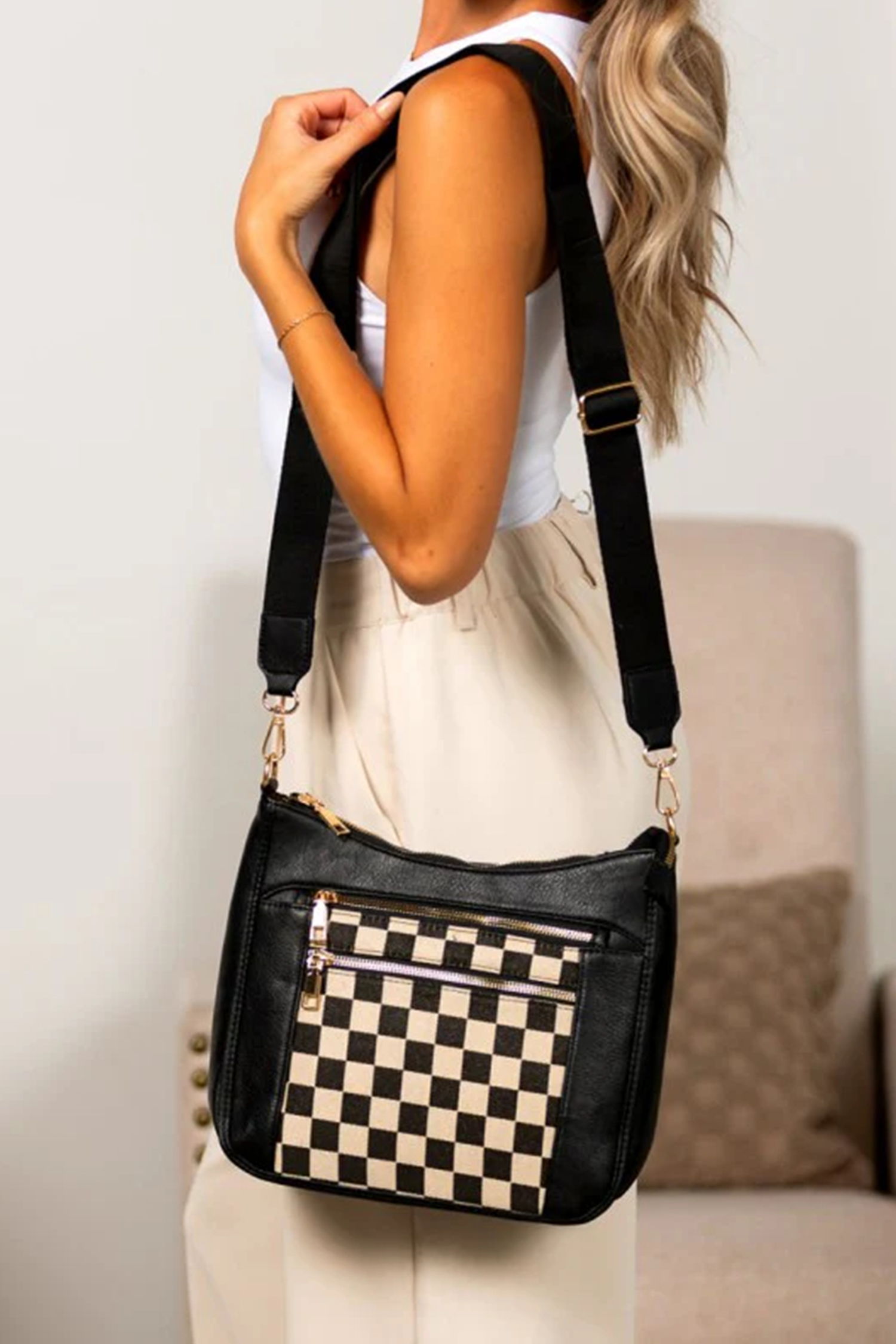 Black Checkered Patchwork Single Shoulder PU Leather Bag