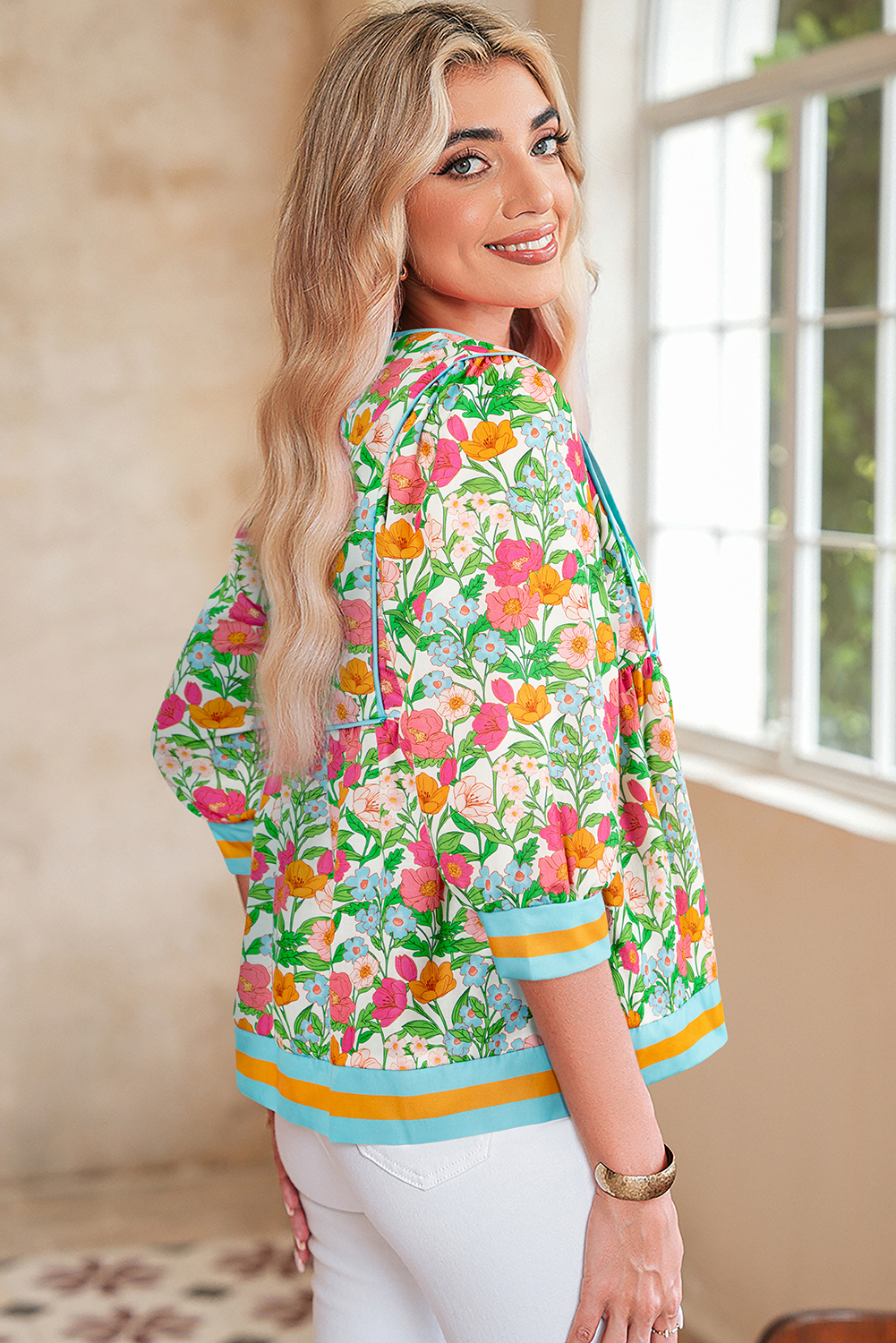 Green Floral Print Striped Trim Tie Neck Puff Sleeve Babydoll Blouse
