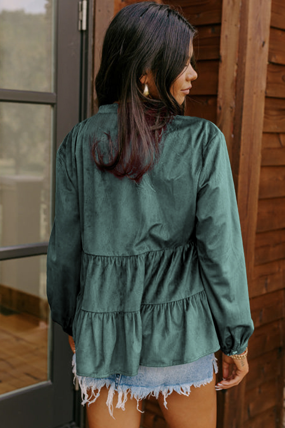Skobeloff Corduroy Ruffle Tiered Buttoned O Neck Shirt