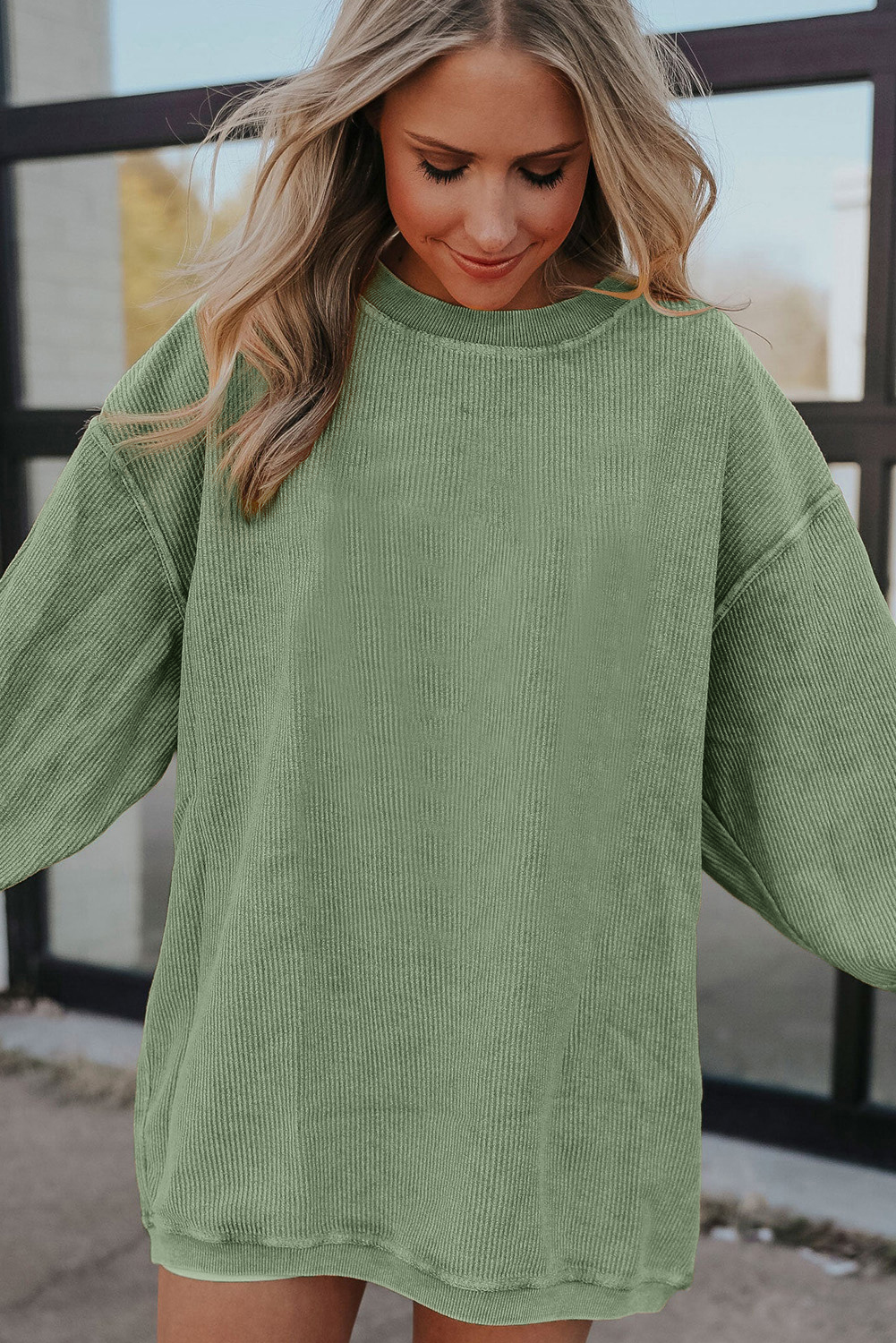 Grass Green Ribbed Corded Oversized Sweatshirt