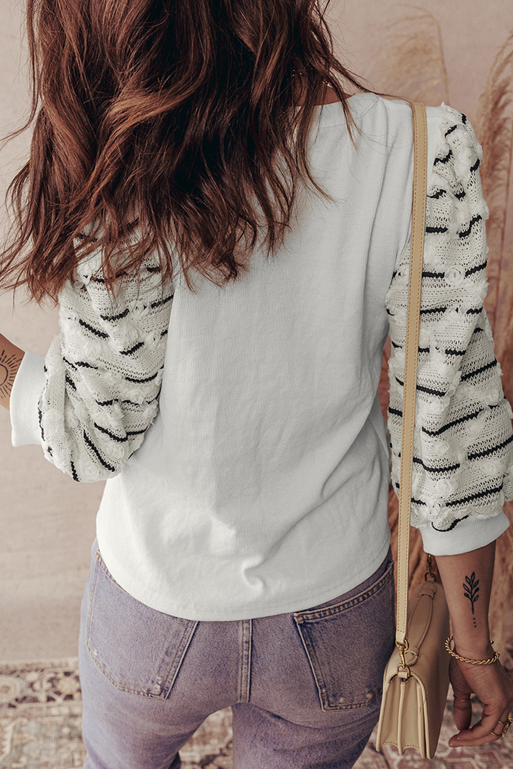 White Button Placket 3/4 Striped Sleeve Patchwork Rib Knit Top