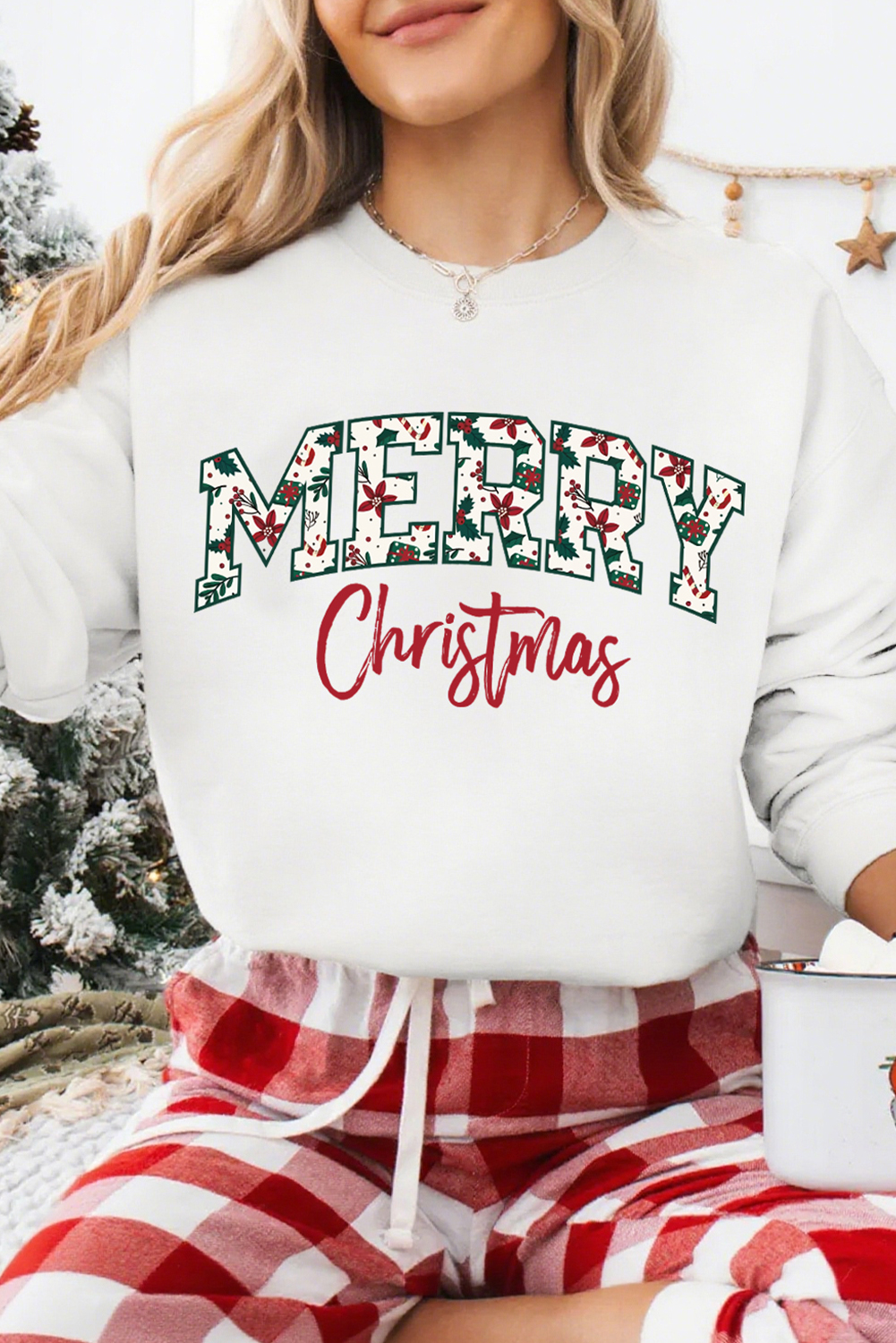 White Merry Christmas Cotton Blend Custom Graphic Sweatshirt