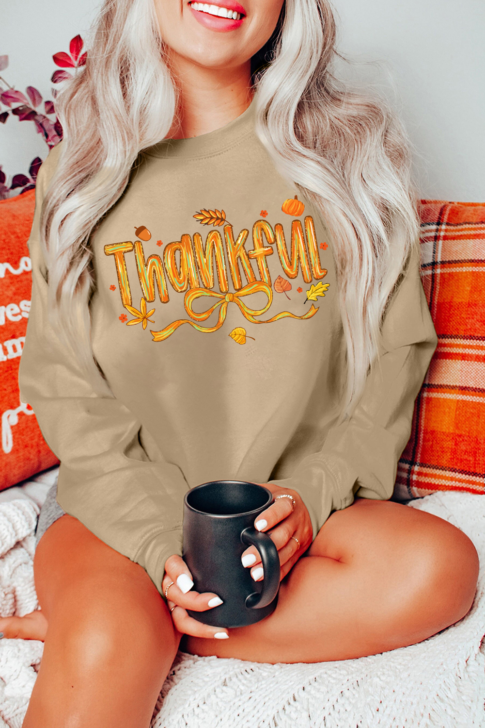 Khaki Thankful Fall Vibe Graphic Thanksgiving Sweatshirt