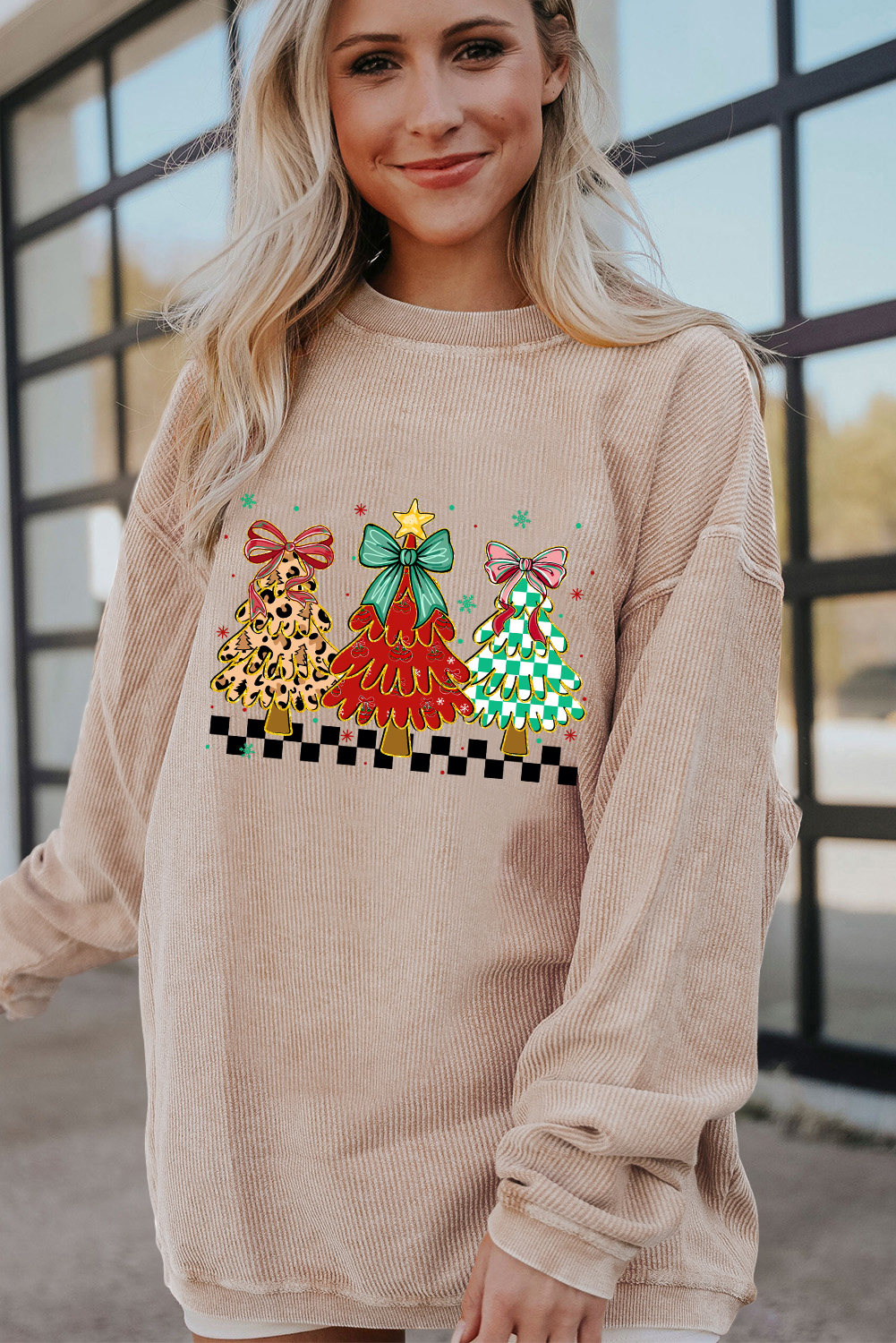 Apricot Christmas Tree Holiday Corded Tunic Sweatshirt