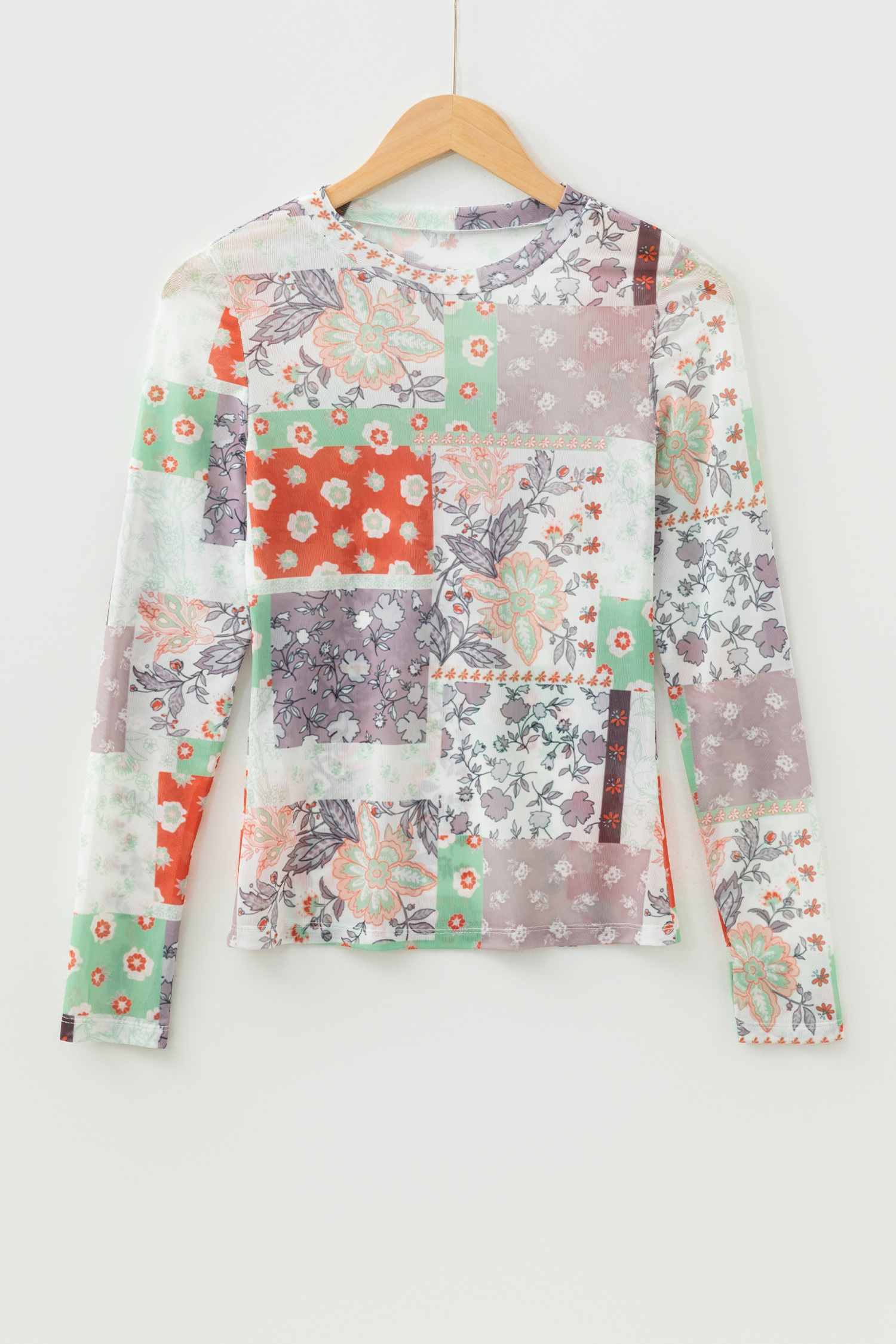 Khaki Mixed Floral Print Patchwork Mock Neck Mesh Top