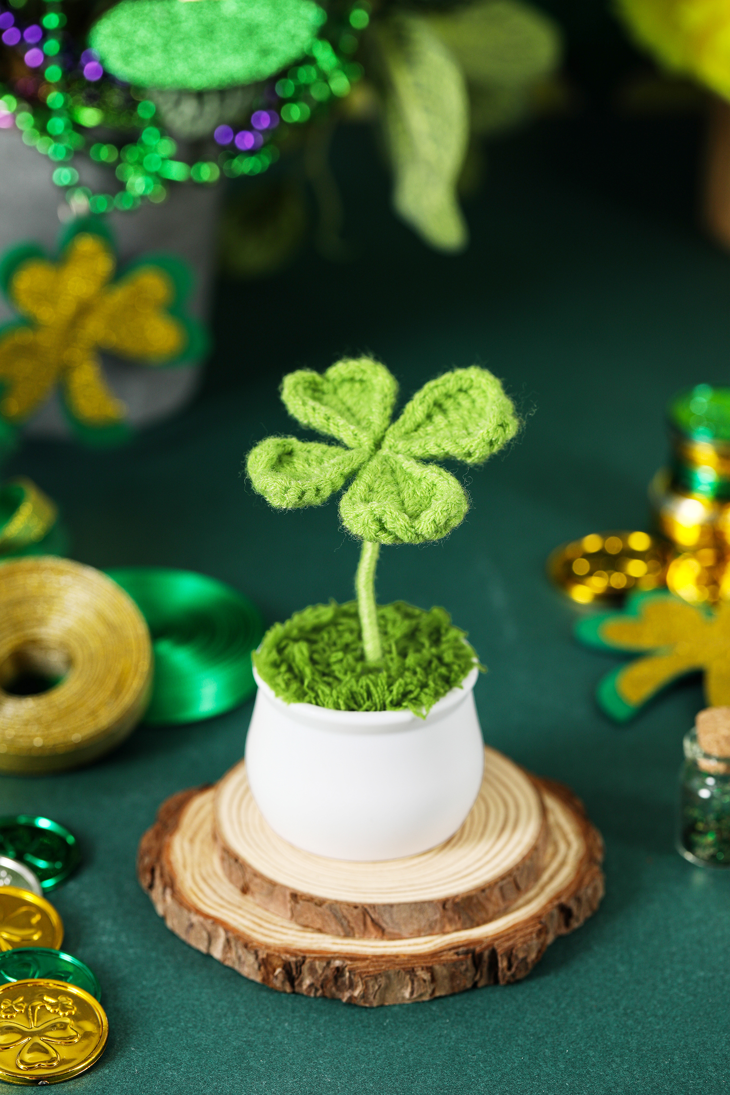 Light Green Handmade Crochet Four Leaf Clover Potted Plant Decoration