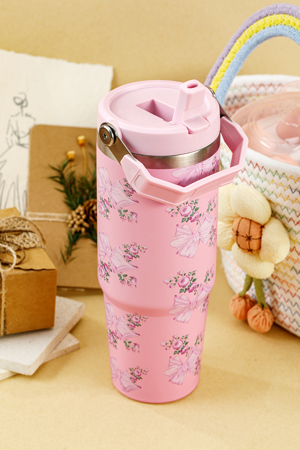 Pink 30OZ Bow Floral Print Flip Handle Straw Tumbler