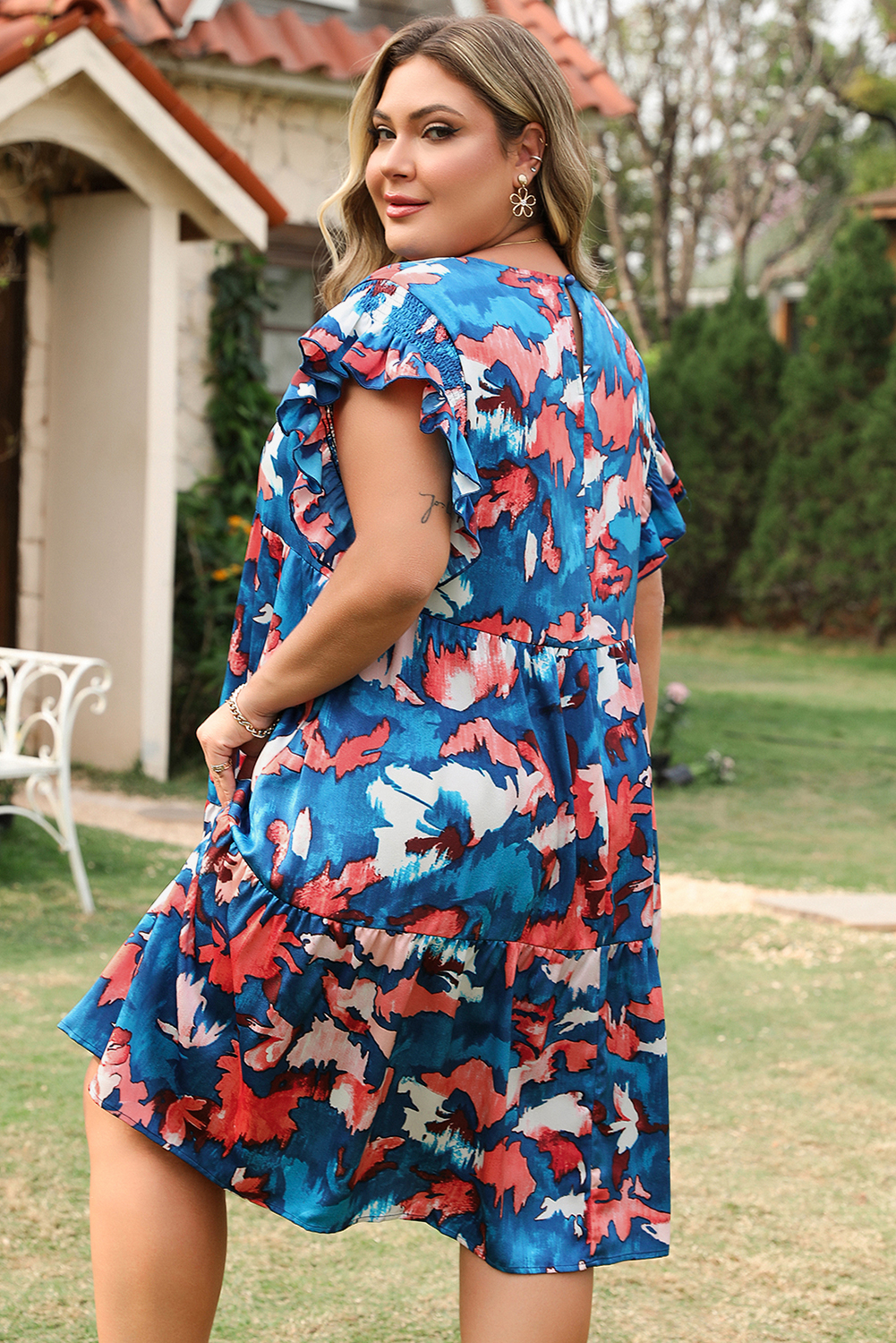 Blue Abstract Print Shirred Ruffled Short Sleeve Tiered Plus Size Mini Dress
