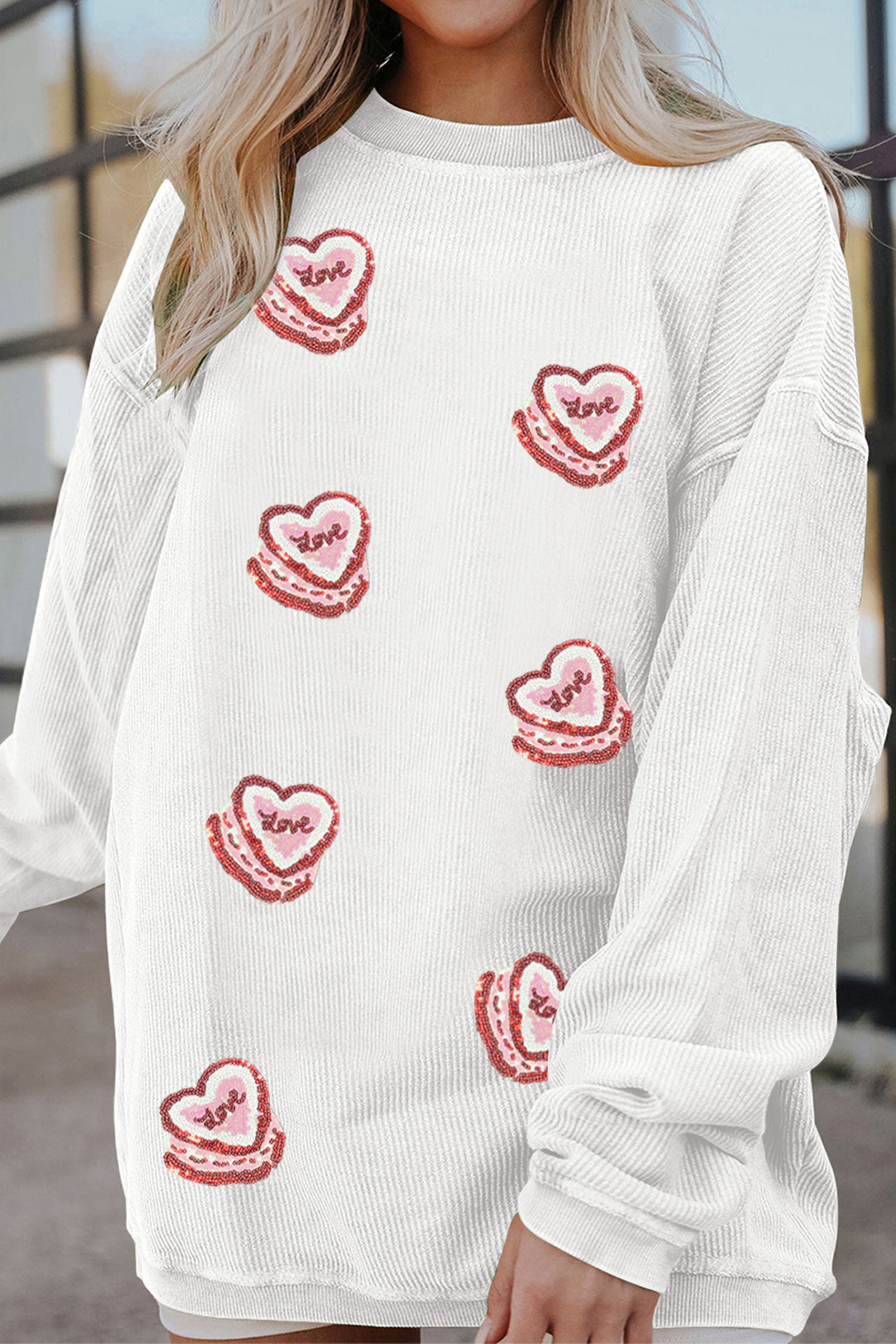 White Sequin Love Heart Pattern Corded Valentines Sweatshirt