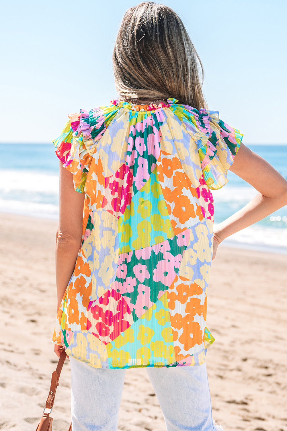 Multicolour Leopard Flutter Sleeve V Neck Crinkled Blouse