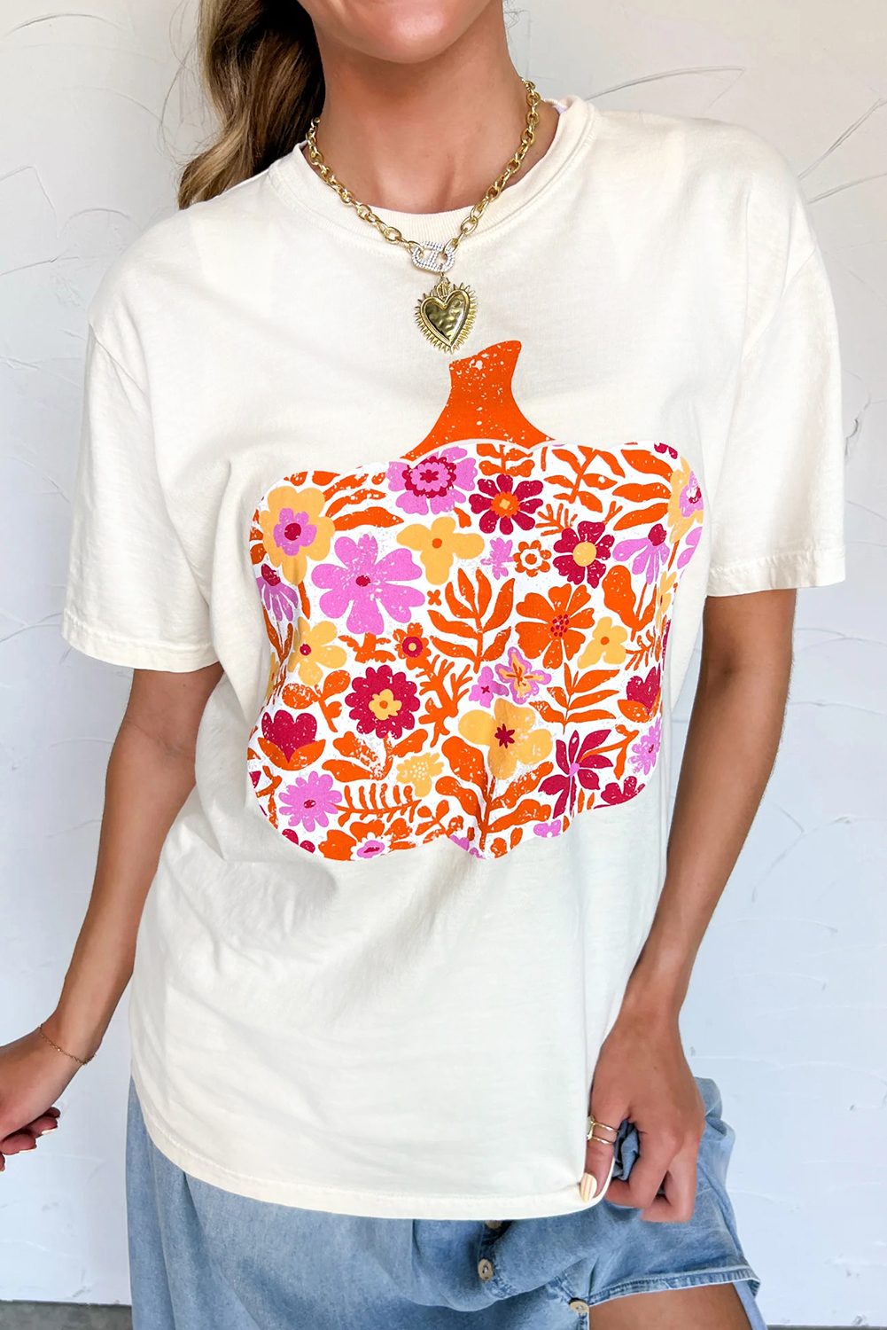 White Floral Pumpkin Cracking Print Thanksgiving Fashion T Shirt