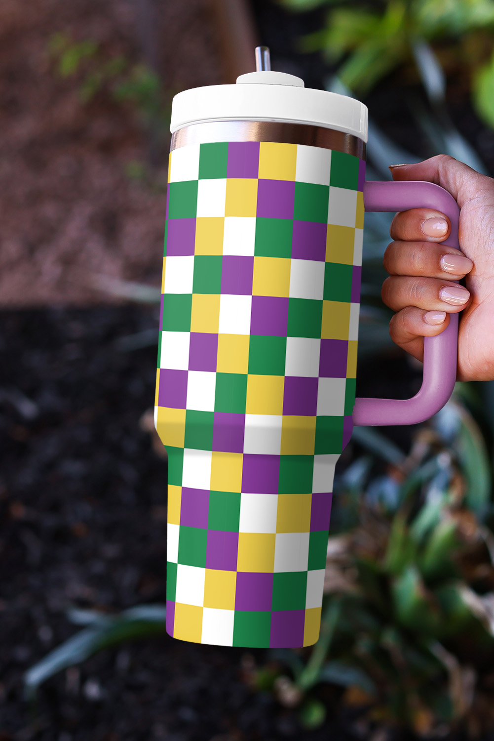 Tillandsia Purple Checkered Print Handle Large Vacuum Cup 40OZ