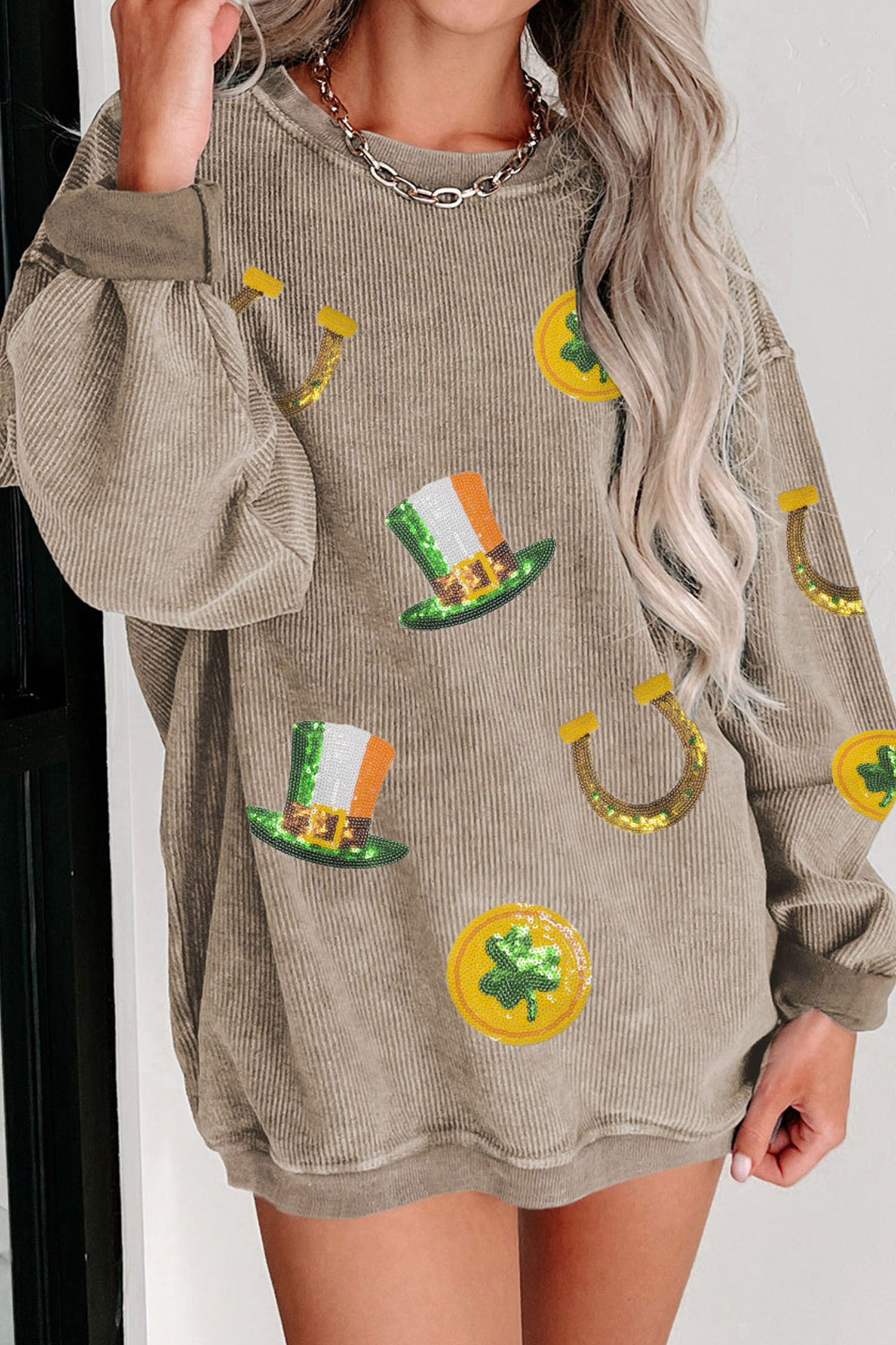 Khaki Sequin Horseshoe Mardi Gras Graphic Corded Ribbed Baggy Sweatshirt