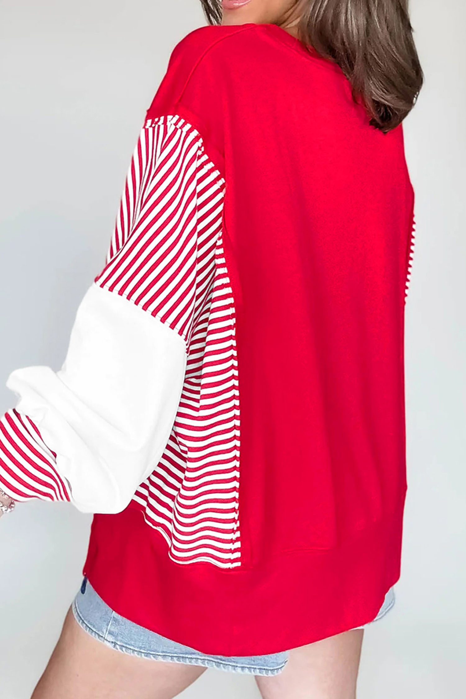 Fiery Red AL Letter Printed Color Block Striped Patchwork Baggy Sweatshirt