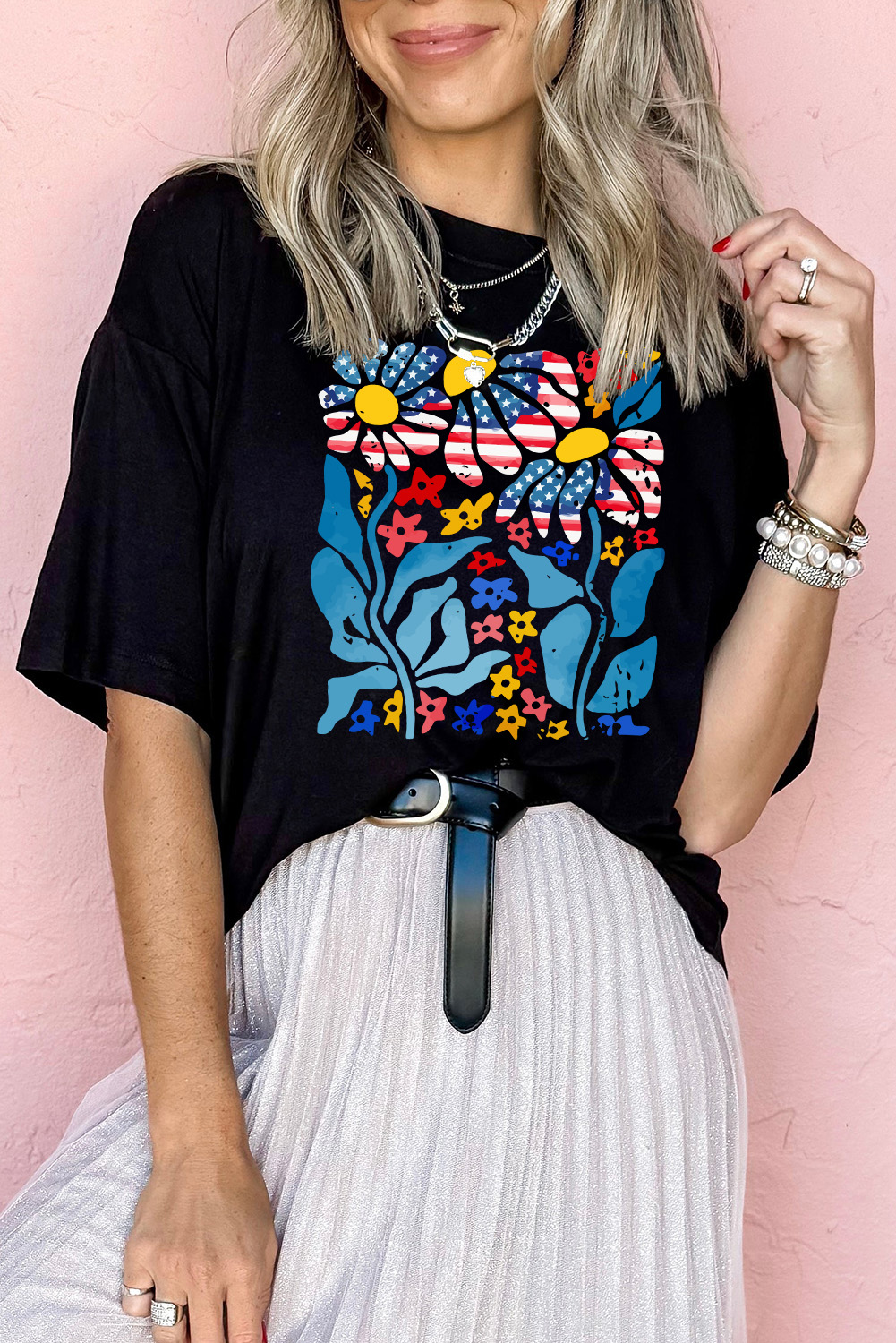 Black USA Flag Flower Graphic Drop Shoulder T Shirt