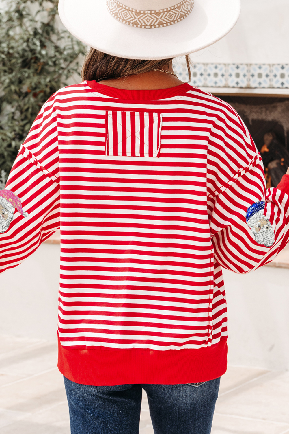 Red Stripe Sequin Santa Round Neck Raw Seam Detail Christmas Long Sleeve Top