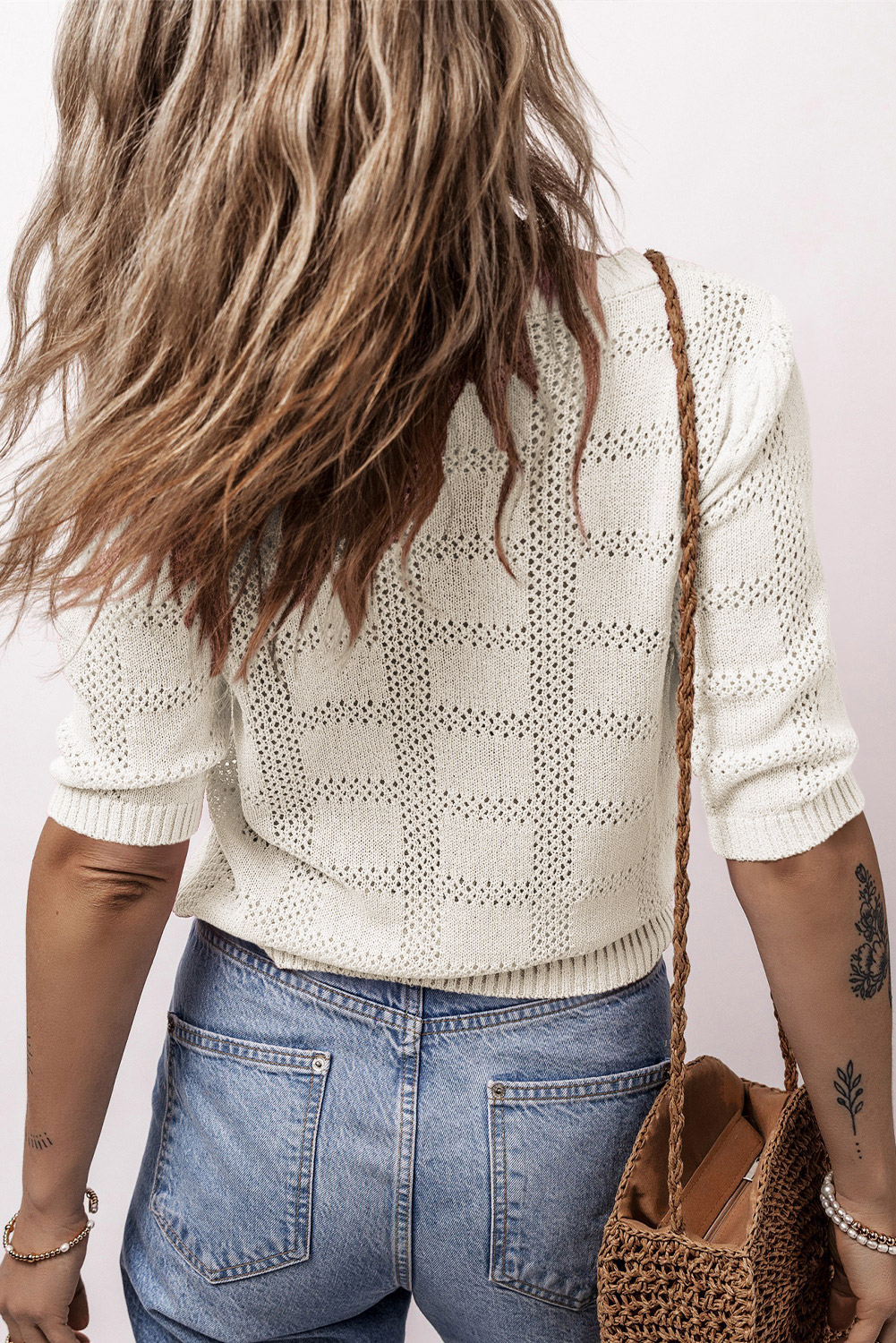White Plaid Pattern Crochet Knit Short Sleeve Sweater
