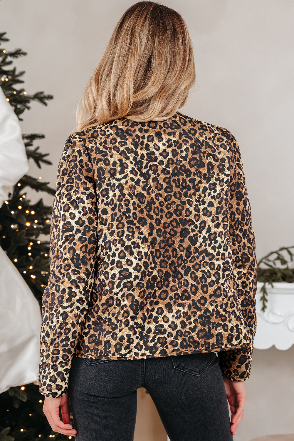Khaki Leopard Quilted Tie Front Jacket