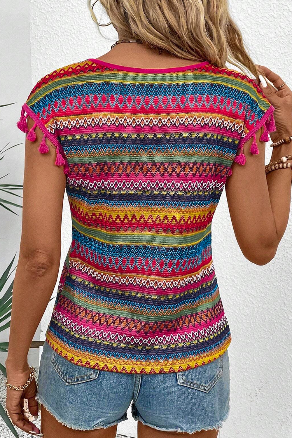 Rose Red Jacquard Textured Tasseled Cap Sleeve Top