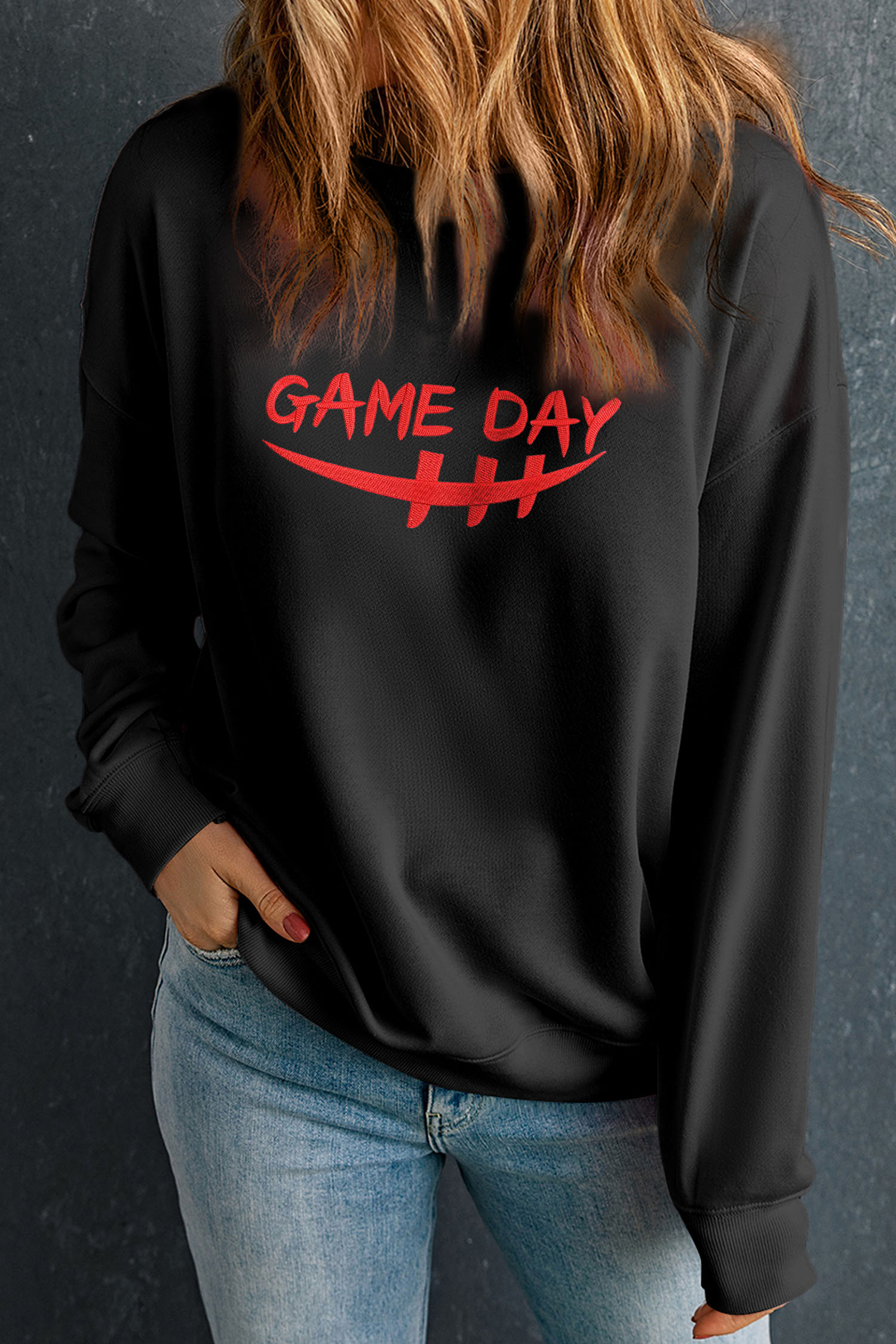 Black GAME DAY Embroidered Graphic Casual Pullover Sweatshirt