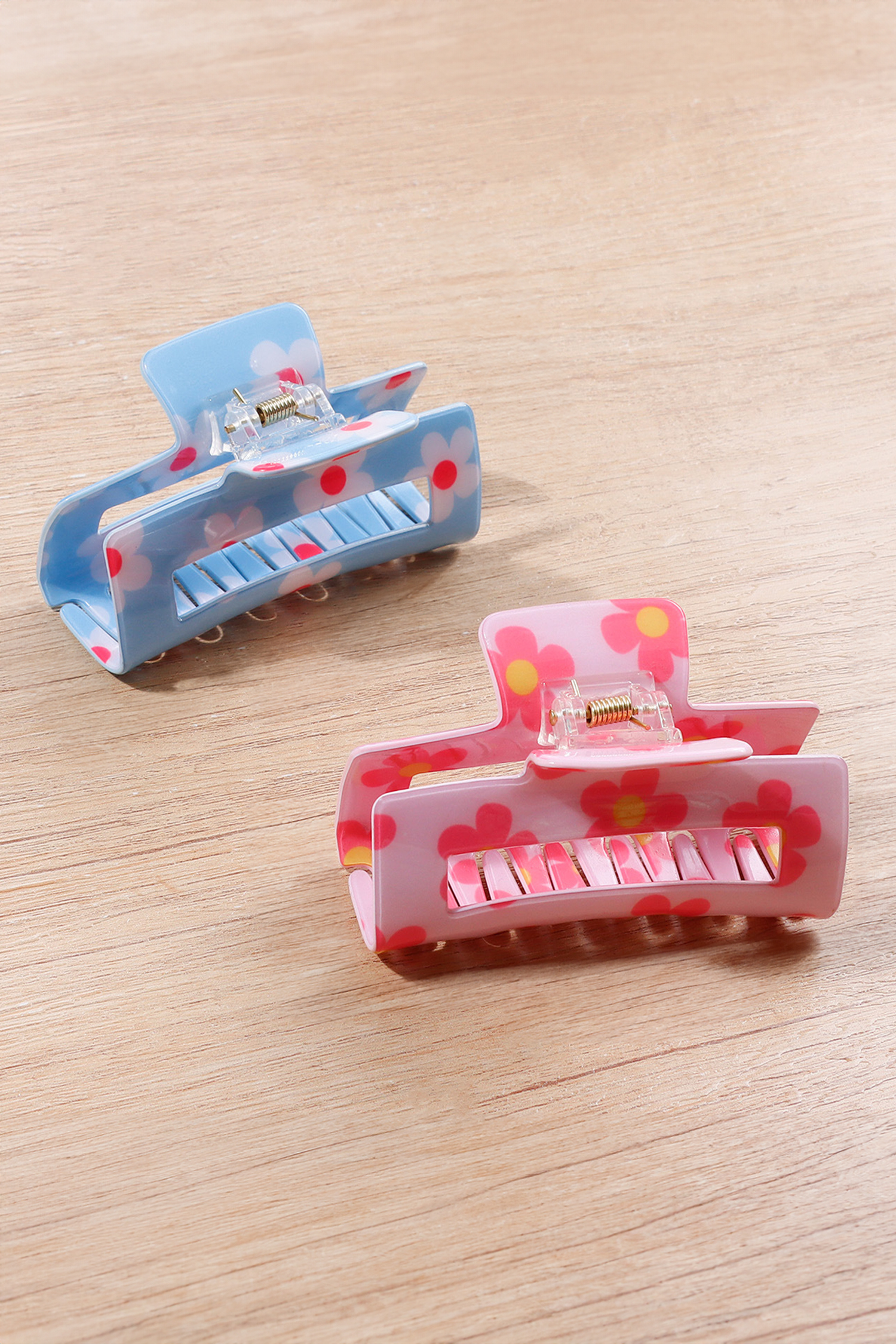 Pink Dainty Flower Printed Rectangular Hollowed Hair Claw Clip