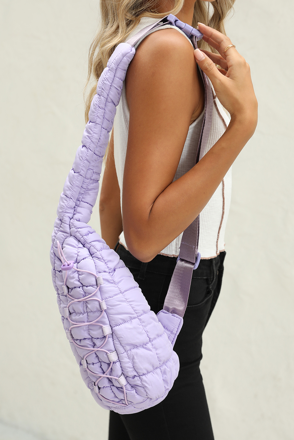 Wisteria Marshmallow Quilted Drawstring Decor Sling Bag