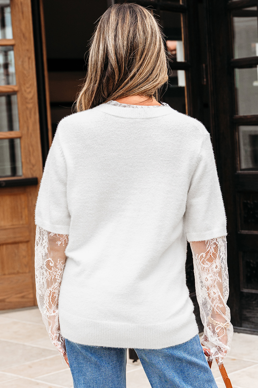 Beige Lace Sleeve Patchwork Faux Two-piece Fuzzy Sweater