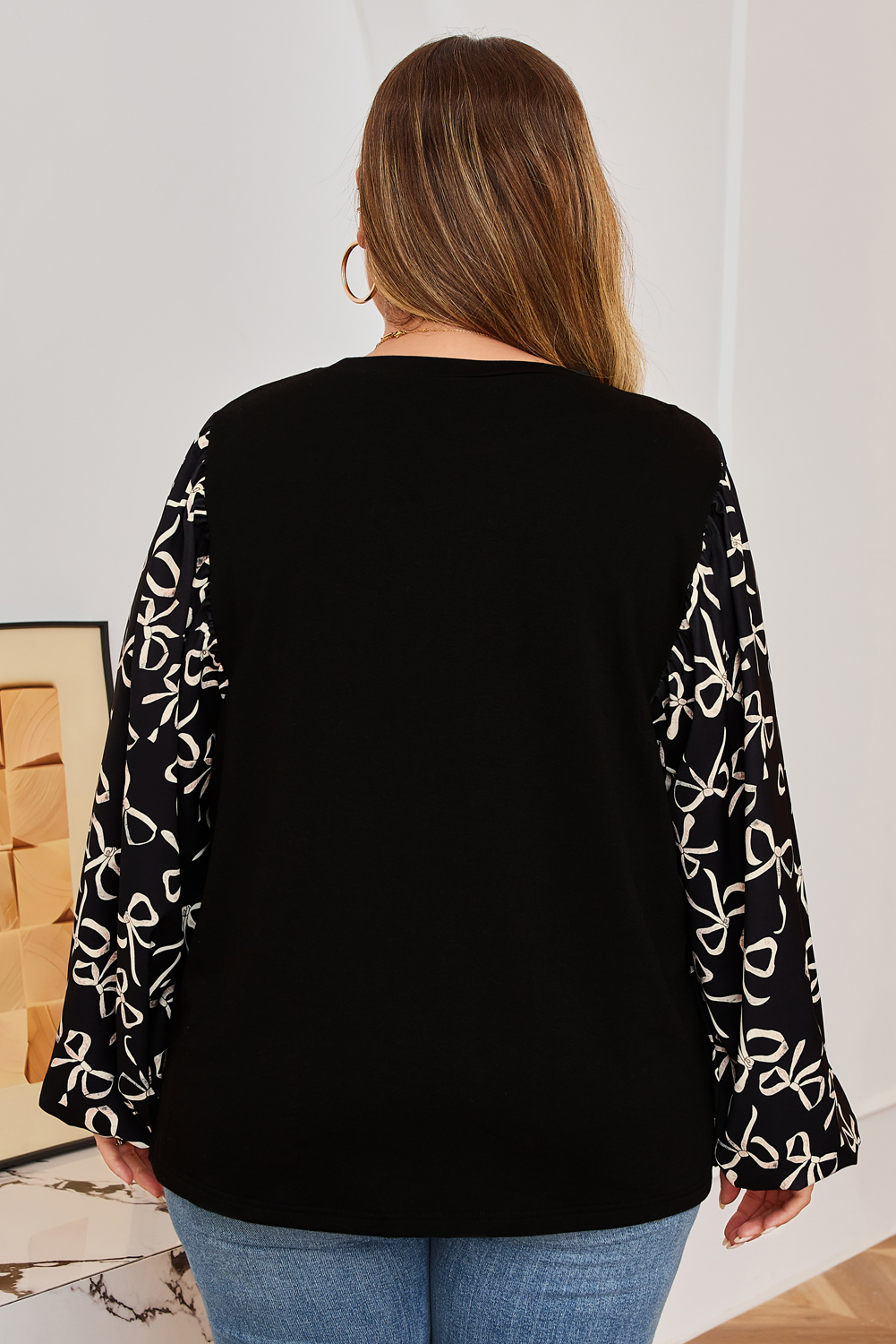 Black Bow Knot Patchwork Crewneck Plus Size Blouse