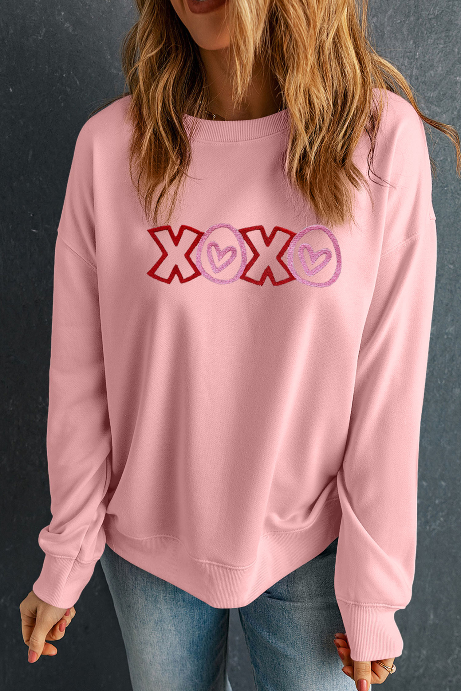 Pink XOXO Playful Embroidered Valentines Day Sweatshirt