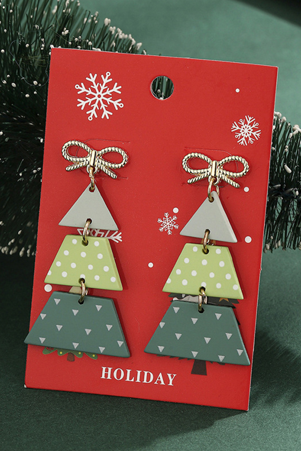 Light Green Geometric Christmas Tree Dangle Bow Accent Earrings