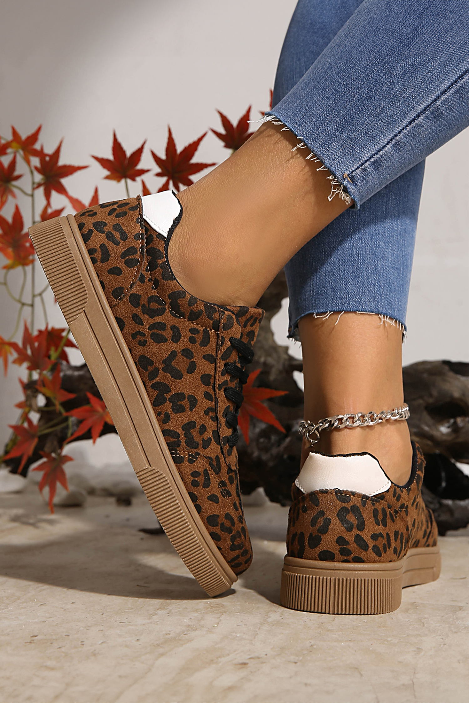 Coffee Leopard Print Contrast Heel Tab Patchwork Laceup Shoes
