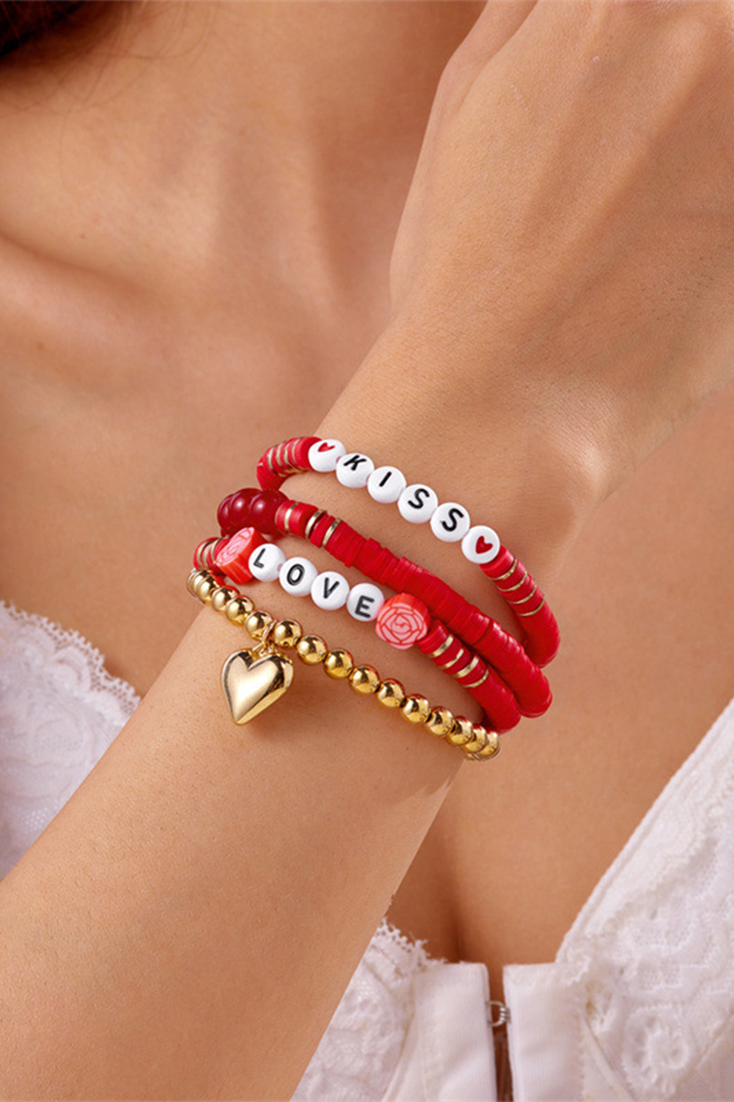 Fiery Red KISS LOVE Valentines Day Golden Beading Bracelets 4pcs Set