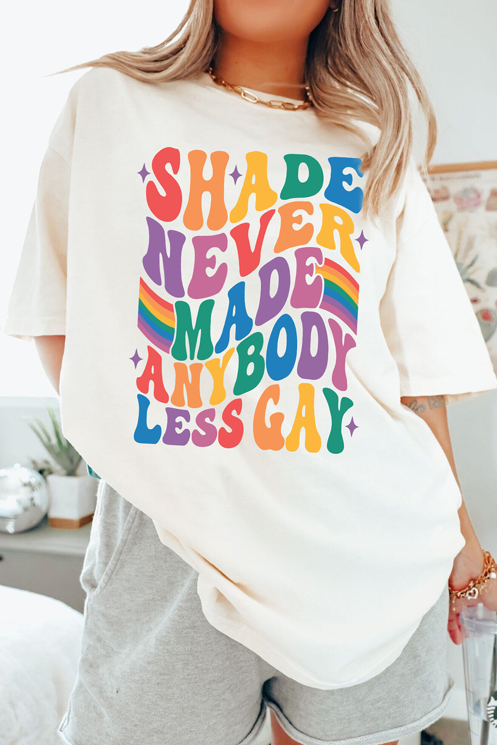 White SHADE NEVER MADE ANYBODY LESS GAY Pride Graphic Tee