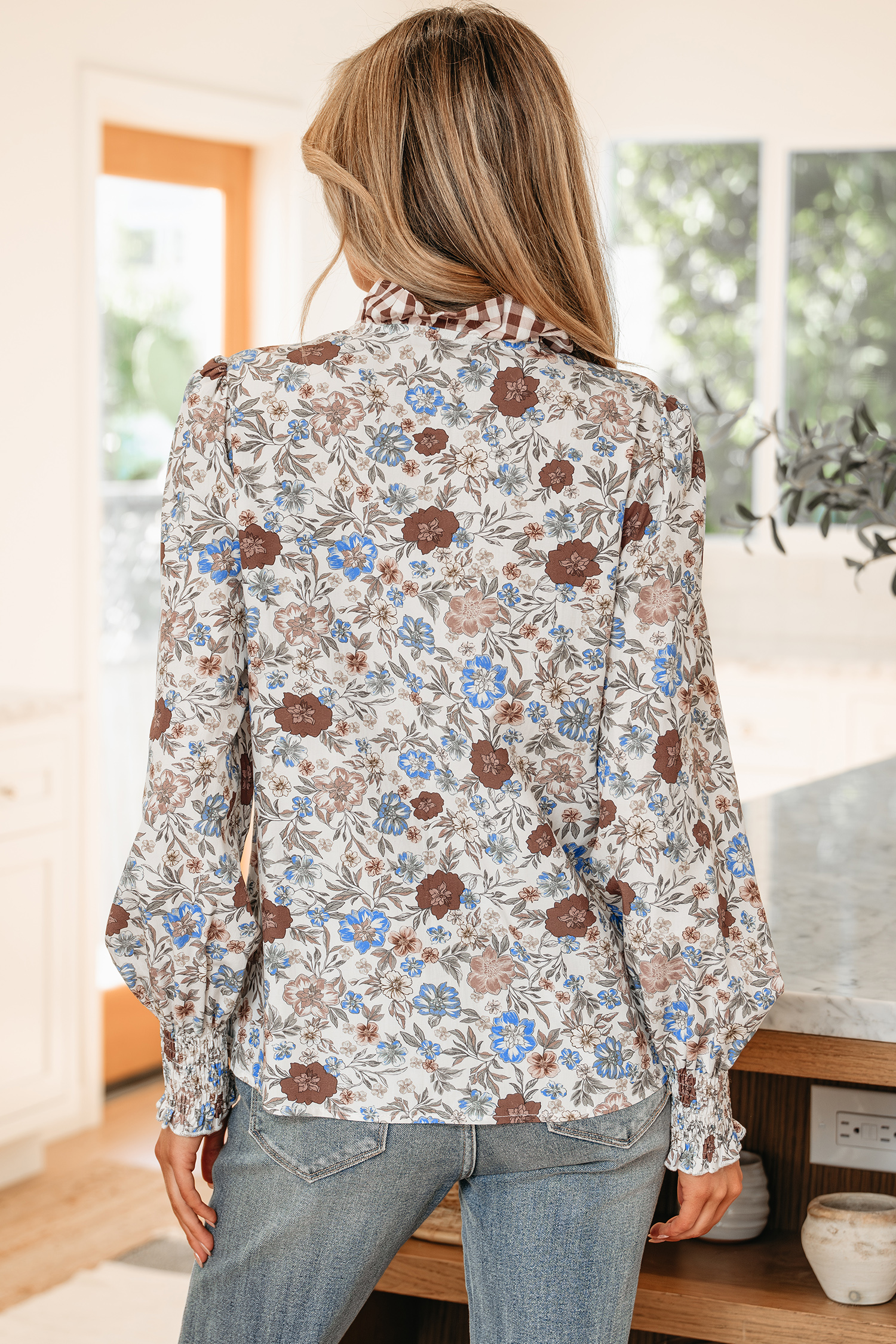 Brown Plaid Frilled Trim V Neck Floral Long Sleeve Blouse