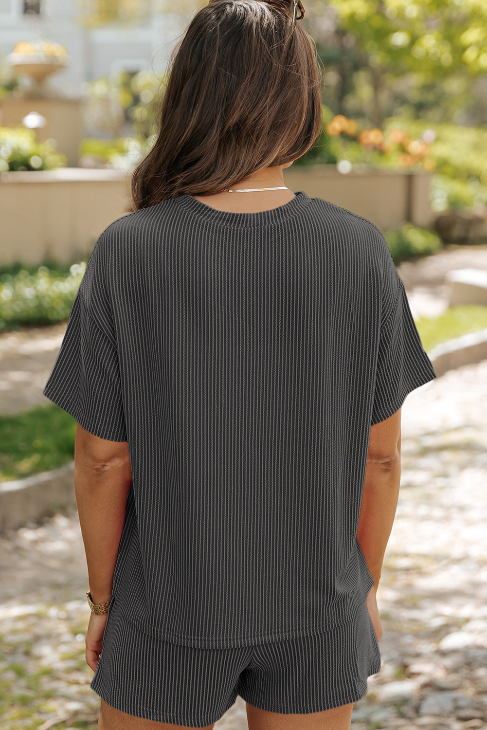 Carbon Grey Sequin Heifer Patched 2pcs Twisted Ribbed Casual Short Set
