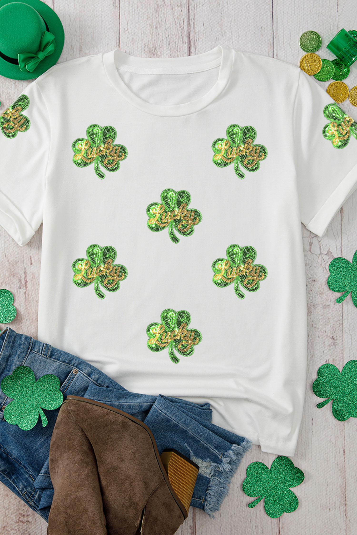 White Sequin Lucky Clover Patched Casual Round Neck Tee