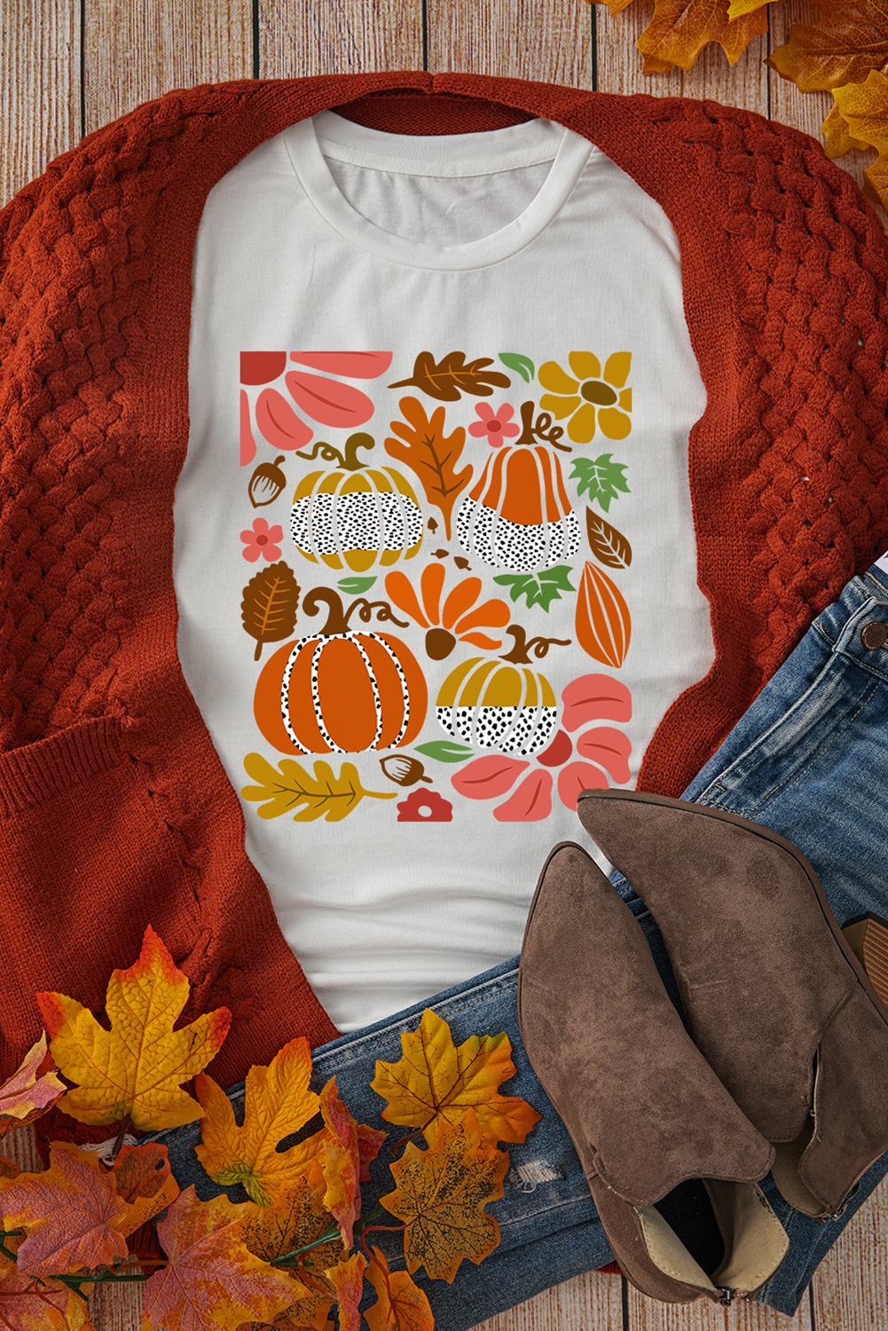 White Pumpkin Flower Print Fall Graphic Cotton Blend Tee