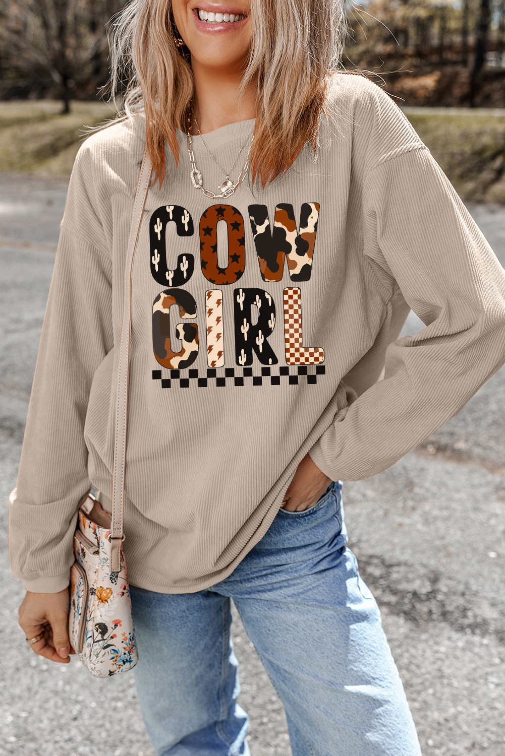 Smoke Gray Western Cowgirl Graphic Corduroy Baggy Sweatshirt