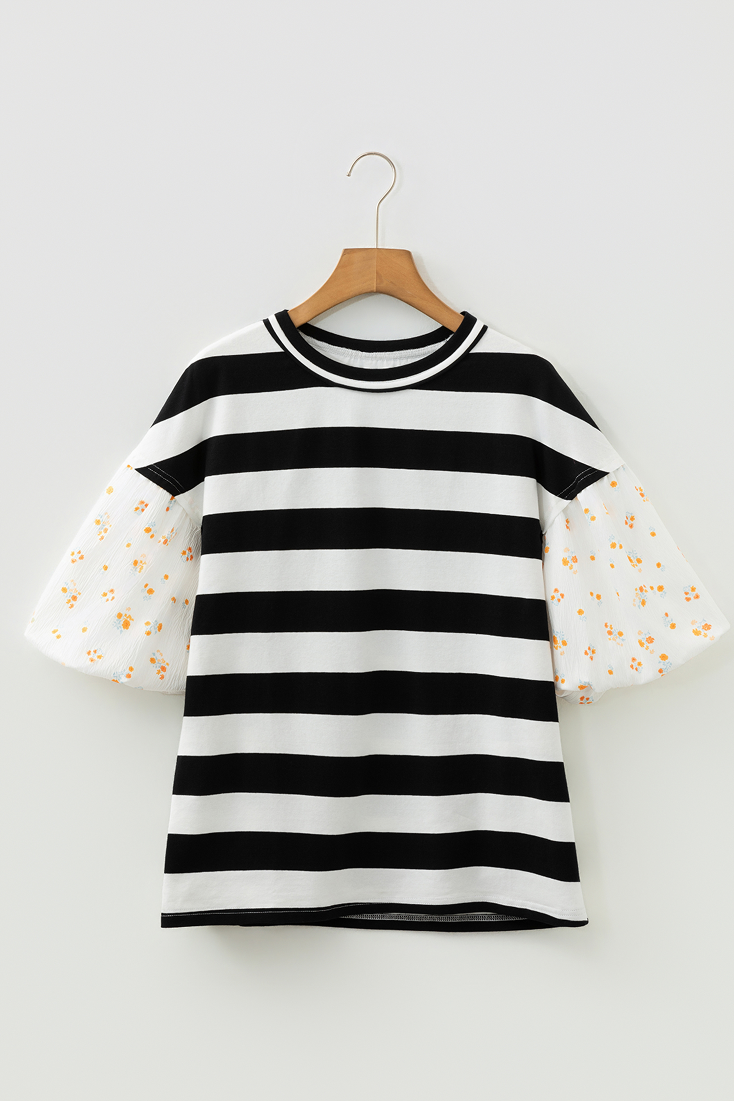 Black Stripe Floral Print Puff Sleeve Patchwork Blouse