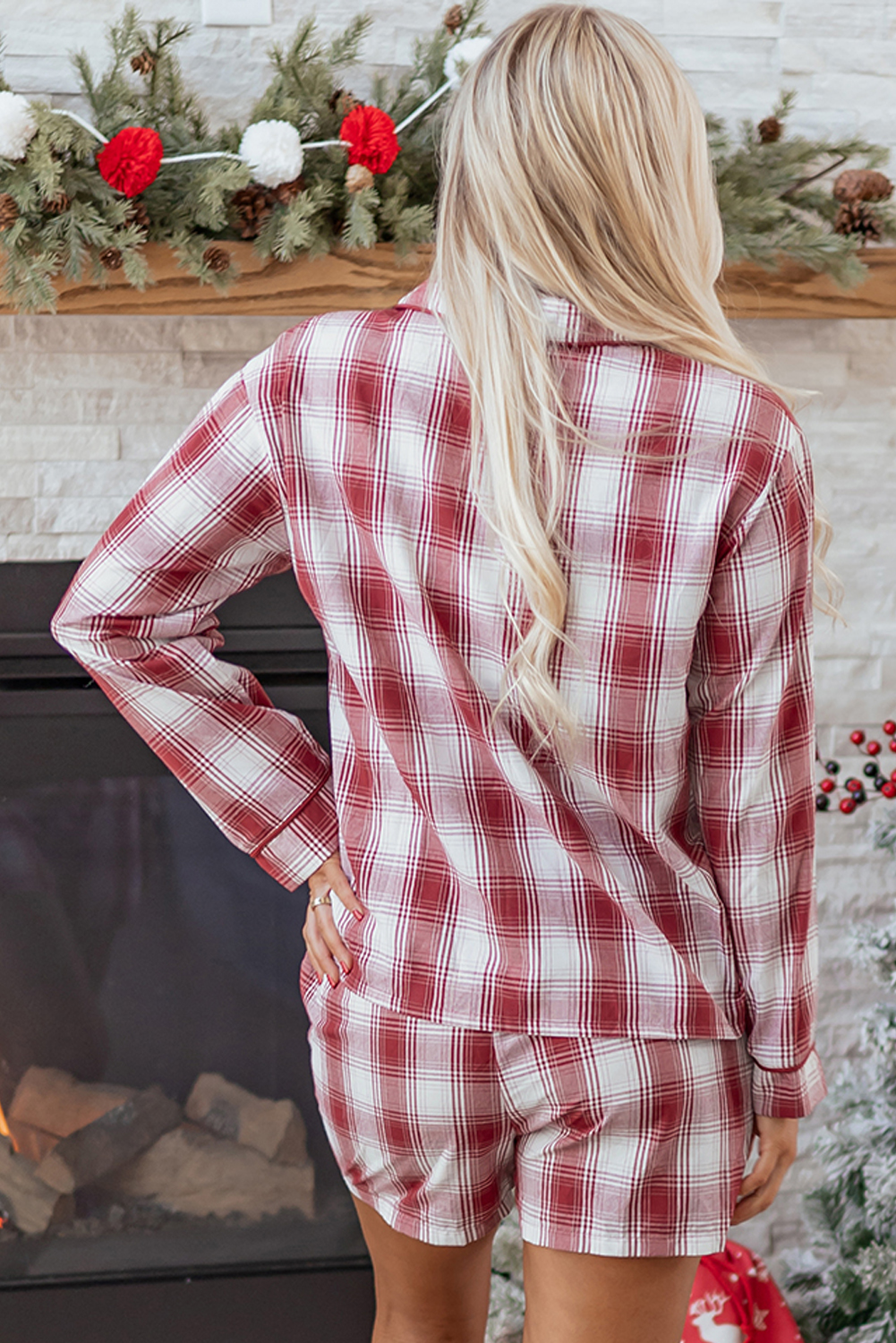 Red Retro Plaid Long Sleeve Shirt Drawstring Shorts 2pcs Lounge Set